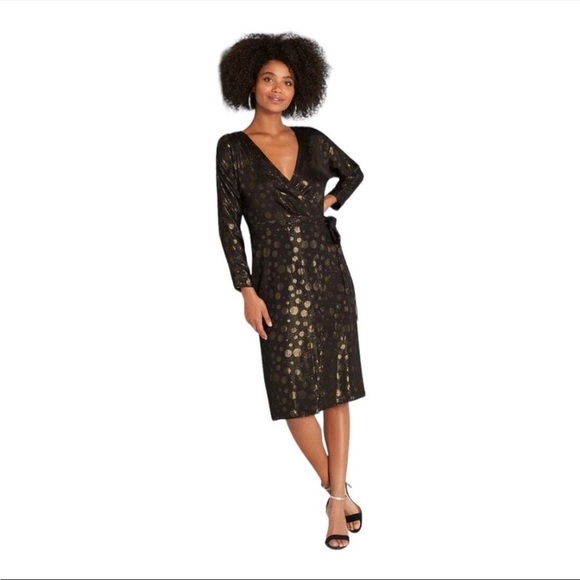 NWT MODCLOTH Golden Record Party Wrap Dress MIDI Black Gold Shimmer Large - Picture 3 of 11